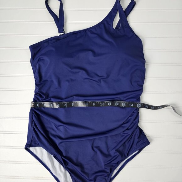Women's Navy Blue One Shoulder Shirred One Piece Swimsuit Size 18W NWTF - Picture 14 of 15